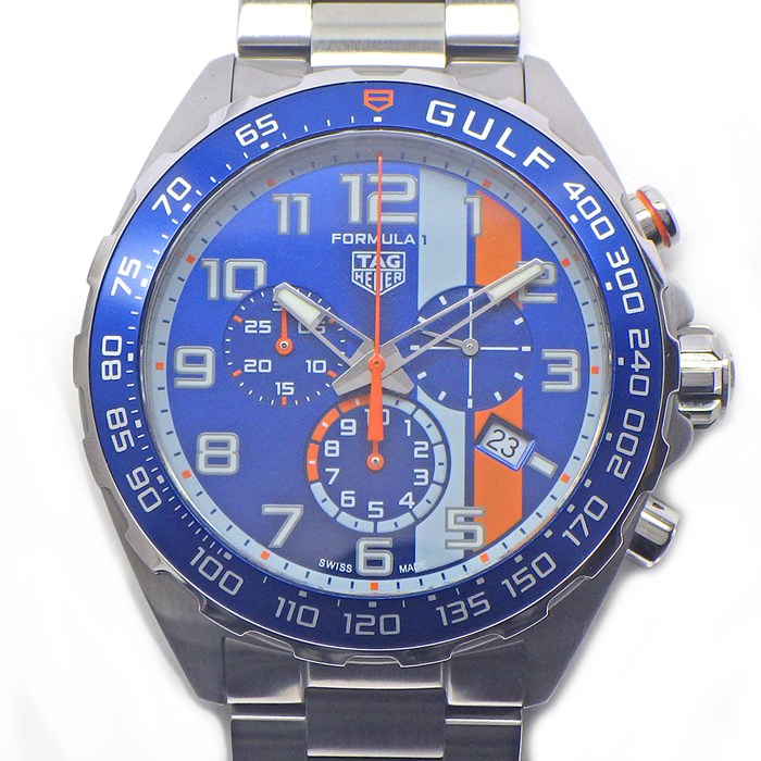 【3％OFFクーポン★7周年記念セール】 タグ・ホイヤー TAG Heuer 腕時計 フォーミュラ1 クロノグラフ ガルフ スペシャルエディション CAZ101AT.BA0842 デイト クロノグラフ 夜光インデックス 夜光針 サンレイ ブルー文字盤 SS クオーツアナログ 【箱・保付き】 【中古】