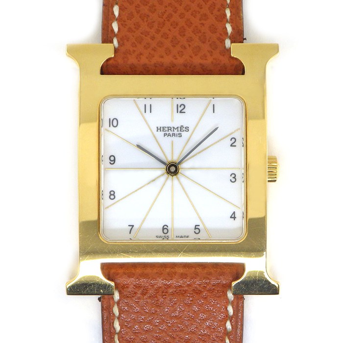 エルメス HERMES 腕時計 Hウォッチ HH1.501 スクエア ホワイト文字盤 ブラウン 牛革ベルト GP クオーツアナログ 【中古】