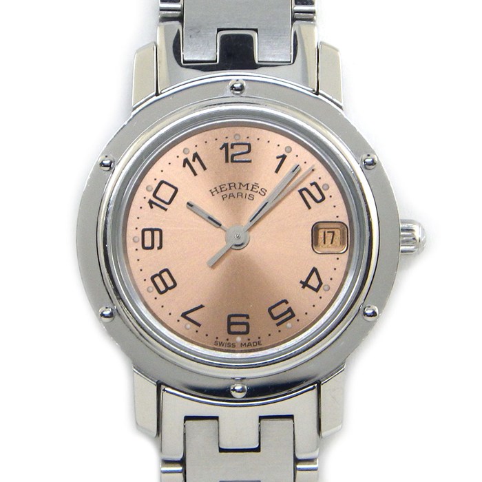 エルメス HERMES 腕時計 クリッパー CL4.210 サンレイ ピンク文字盤 デイト SS クオーツアナログ 【中古】