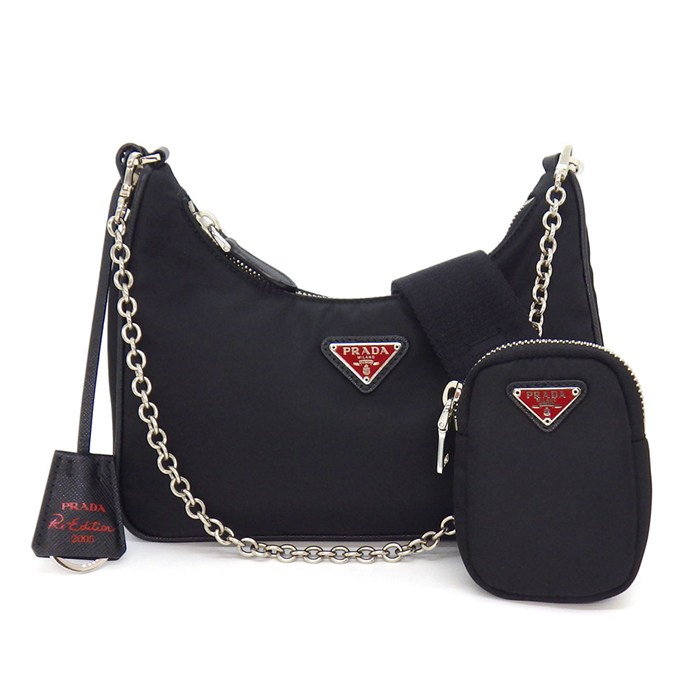 乐天商城 - 【最大1万円OFFクーポン配布中】 プラダ PRADA ショルダーバッグ Re-Edition 2005 Re-Nylon 1BH204 ブラック レッド リサイクルポリアミド サフィアーノレザー 【中古】
