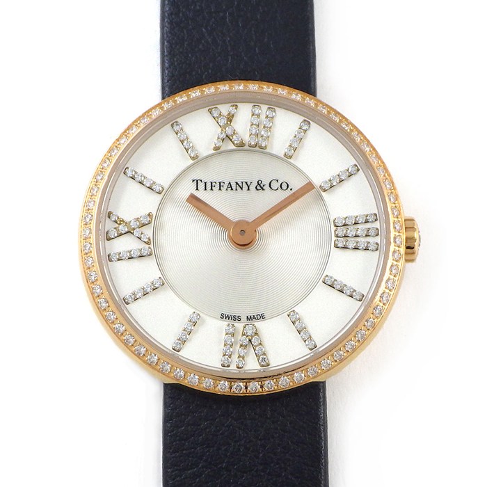 乐天商城 - 【最大1万円OFFクーポン配布中&10日限定★ポイント3倍】 ティファニー Tiffany & Co. 腕時計 アトラス 2ハンド 24mm ダイヤベゼル/インデックス/リュウズ ギョーシェ シルバー文字盤 K18PG ブラック レザーベルト クオーツアナログ