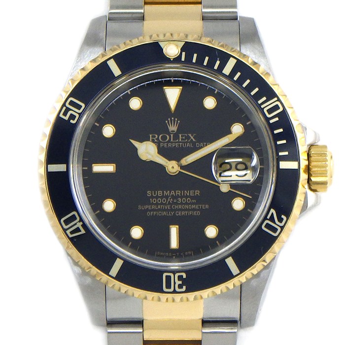乐天商城 - 【最大1万円OFFクーポン配布中&10日限定★ポイント3倍】 ロレックス Rolex 腕時計 サブマリーナー 16613 デイト 回転ベゼル 夜光インデックス 夜光針 ブラック文字盤 K18YG SS 自動巻き 【OH済み】 【箱・保付き】 【中古】