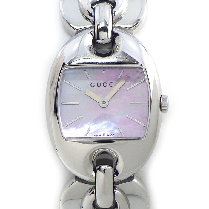 C, D, T, R, W - 【最大1万円OFFクーポン配布中&10日限定★ポイント3倍】 グッチ GUCCI 腕時計 マリーナチェーン YA121515/121.5 ベルトモチーフ レクタンギュラー ピンクシェル文字盤 SS クオーツアナログ 【中古】