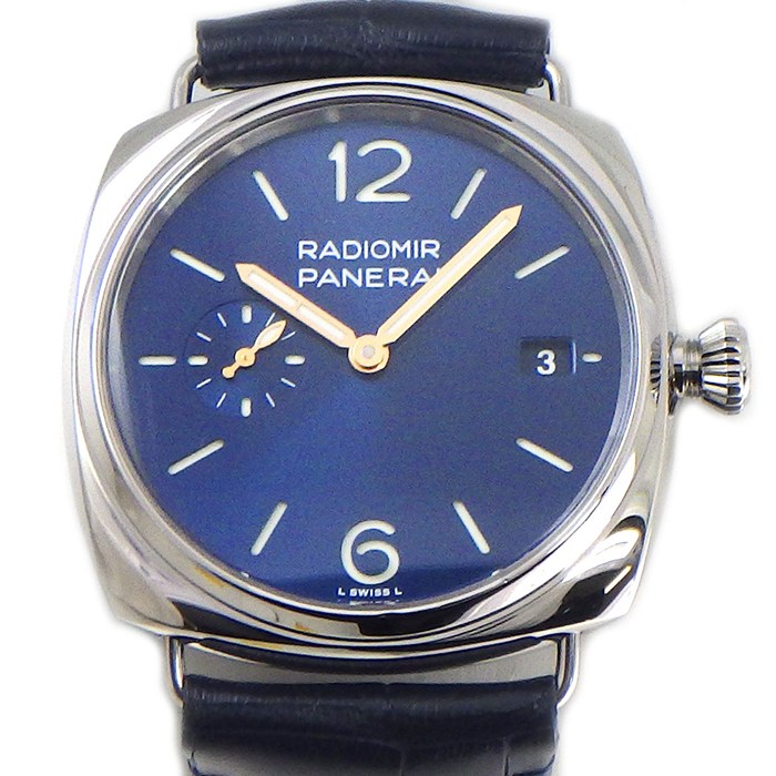 乐天商城 - 【最大1万円OFFクーポン配布中&10日限定★ポイント3倍】 パネライ PANERAI 腕時計 ラジオミール クアランタ PAM01293 サンレイ ブルー文字盤 デイト スモールセコンド ネイビー アリゲーターレザーベルト SS 自動巻き 【箱・保付き】 【中古】