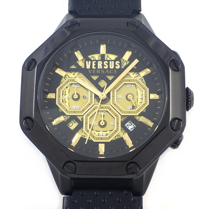 樂天商城 - ヴェルサーチェ VERSACE 腕時計 パレストロ VSP393221 デイト クロノグラフ ブラック/ゴールド文字盤 SS 革 クオーツアナログ 【中古】