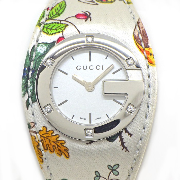 乐天商城 - 【最大1万円OFFクーポン配布中&10日限定★ポイント3倍】 グッチ GUCCI 腕時計 Gバンデュー フローラ 104 2005年限定モデル ダイヤベゼル ホワイト文字盤 SS フラワー柄 ファブリック/レザーベルト クオーツアナログ 【中古】