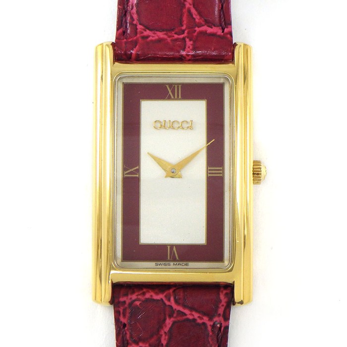 【20日限定★ポイント3倍】 グッチ GUCCI 腕時計 レクタンギュラー 2600M ヴィンテージ シルバー/レッド文字盤 GP SS レッドレザーベルト クオーツアナログ 【中古】