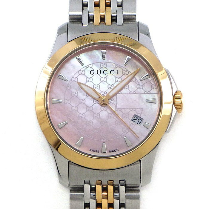 乐天商城 - 【最大1万円OFFクーポン配布中&10日限定★ポイント3倍】 グッチ GUCCI 腕時計 Gタイムレス 126.5/YA126536 デイト 夜光針 GG柄 ピンクシェル文字盤 ピンクGP SS クオーツアナログ 【箱・保付き】 【中古】