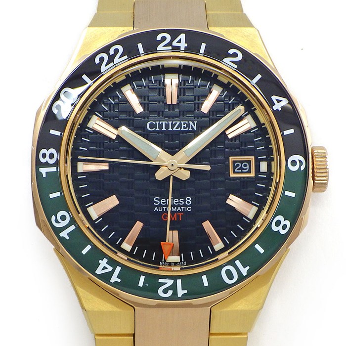 乐天商城 - 【最大3万円OFFクーポン配布中】 シチズン CITIZEN 腕時計 シリーズ8 NB6033-51E/9054-0065X06 デイト 裏スケ GMT 回転ベゼル 夜光針 ギョーシェ ブラック文字盤 イエロー/ピンクGP SS 自動巻き 【箱・保付き】 【中古】