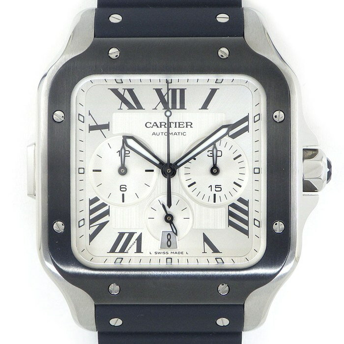 Other - カルティエ Cartier 腕時計 サントス XL WSSA0052 スクエア シルバー文字盤 ローマンインデックス デイト クロノグラフ スモールセコンド 夜光針 ラバーベルト SS 自動巻き 【箱・保付き】 【中古】