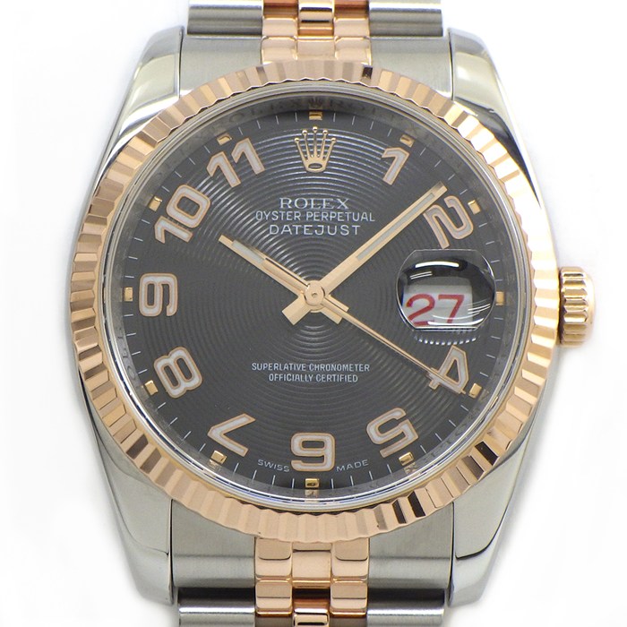 【3％OFFクーポン★7周年記念セール】 ロレックス Rolex 腕時計 デイトジャスト 116231 D番 2005年 ルーレット刻印 ブラック コンセントリック文字盤 デイト 夜光針/インデックス エバーローズゴールド SS 自動巻き 【中古】
