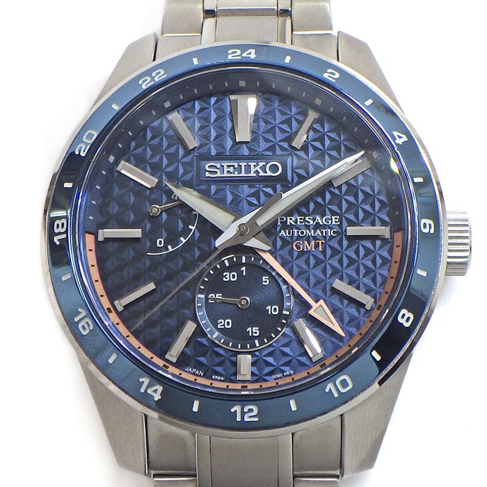 樂天商城 - セイコー SEIKO 腕時計 プレサージュ シャープエッジドシリーズ SPB217J1/6R64-00C0 GMT デイト 裏スケ パワーリザーブ表示 夜光 麻の葉文様 藍鉄 ブルー文字盤 SS 自動巻き 【箱・保付き】 【中古】