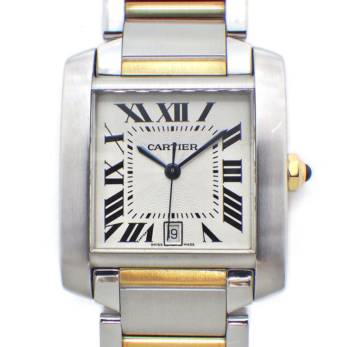 【3％OFFクーポン★7周年記念セール】 カルティエ Cartier 腕時計 タンク フランセーズ LM W51005Q4 デイト スクエア シルバー ギョーシェ文字盤 K18YG SS 自動巻き 【中古】
