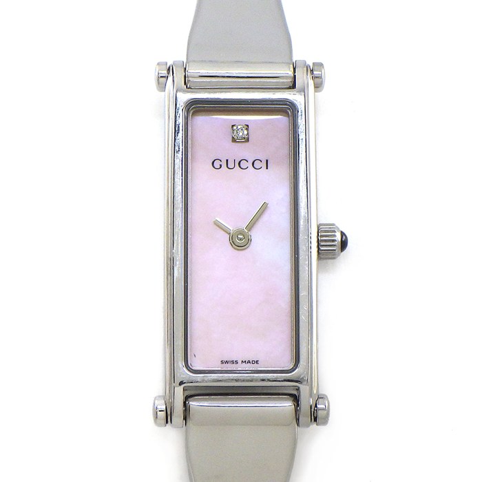 【3％OFFクーポン★7周年記念セール】 グッチ GUCCI 腕時計 バングルウォッチ 1500L 1ポイント ダイヤインデックス レクタンギュラー ピンク マザーオブパール文字盤 ホースビット クラスプ SS クオーツアナログ 【中古】