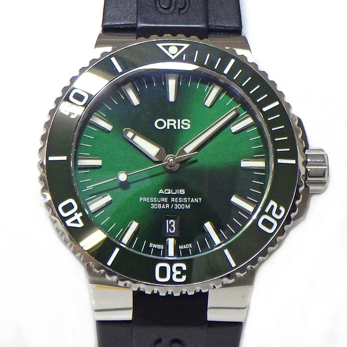 【3％OFFクーポン★7周年記念セール】 オリス ORIS 腕時計 アクイス デイト 01 733 7730 4157-07 4 24 64EB デイト 夜光インデックス 裏スケ 夜光針 回転ベゼル グリーン文字盤 SS セラミック ラバー 自動巻き 【箱・保付き】 【中古】