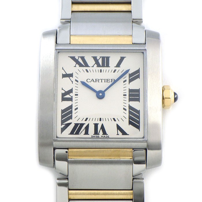 【3％OFFクーポン★7周年記念セール】 カルティエ Cartier 腕時計 タンク フランセーズ MM W2TA0003 スクエア アイボリー文字盤 ローマンインデックス K18YG SS クオーツアナログ 【箱・保付き】 【中古】