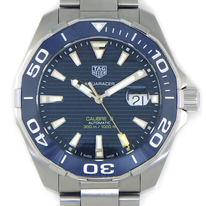 【3％OFFクーポン★7周年記念セール】 タグ・ホイヤー TAG Heuer 腕時計 アクアレーサー キャリバー5 WAY201B.BA0927 ブルー文字盤 デイト 夜光針/インデックス 回転ベゼル セラミック SS 自動巻き 【箱・保付き】 【中古】