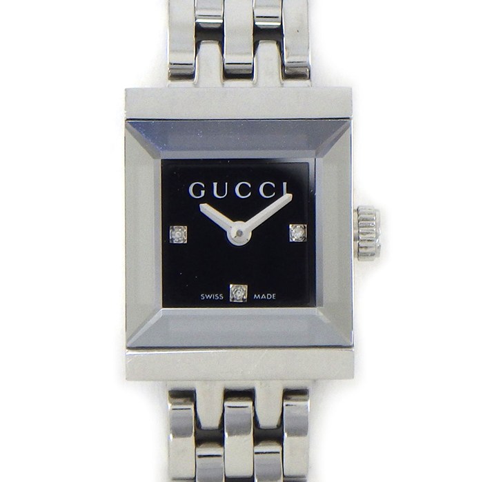 【3％OFFクーポン★7周年記念セール】 グッチ GUCCI 腕時計 Gフレーム 128.5 3ポイント ダイヤインデックス スクエア ブラック文字盤 SS クオーツアナログ 【中古】