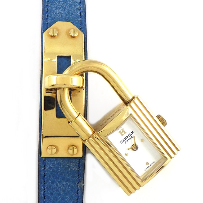 【3％OFFクーポン★7周年記念セール】 エルメス HERMES 腕時計 ケリーウォッチ 〇Z刻印 1996年 KE1.201 カデナ ロックモチーフ ホワイト文字盤 白 GP ブルー 牛革ベルト クオーツアナログ 【中古】