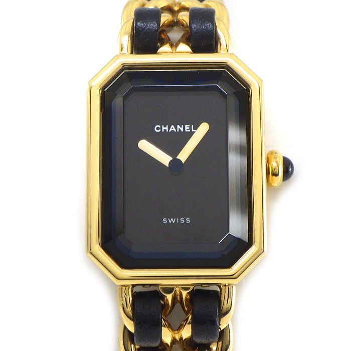 【3％OFFクーポン★7周年記念セール】 シャネル CHANEL 腕時計 プルミエール M H0001 オクタゴナル ブラック文字盤 チェーンブレス レザーベルト GP クオーツアナログ 【中古】
