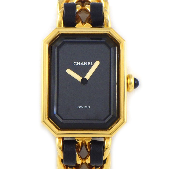 CHANEL - シャネル CHANEL 腕時計 プルミエール M H0001 オクタゴナル ブラック文字盤 チェーンブレス レザーベルト GP クオーツアナログ 【中古】
