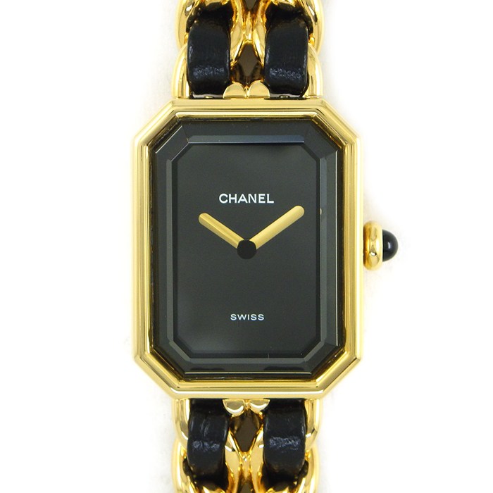 【3％OFFクーポン★7周年記念セール】 シャネル CHANEL 腕時計 プルミエールM H0001 オクタゴナル ブラック文字盤 チェーンブレス レザーベルト GP クオーツアナログ 【中古】