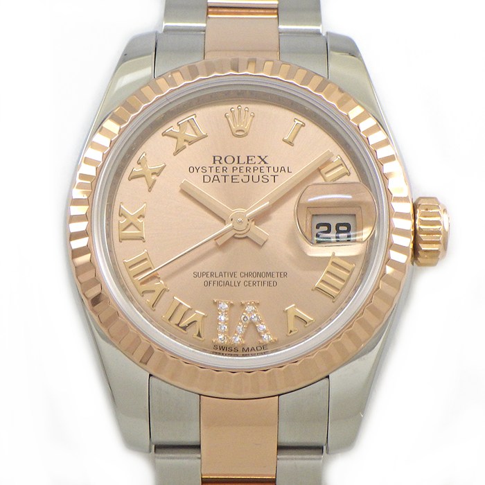 【3％OFFクーポン★7周年記念セール】 ロレックス Rolex 腕時計 デイトジャスト 179171 デイト ルーレット刻印 サンレイ ピンク文字盤 VIダイヤモンド ローマンインデックス K18PG SS 自動巻き 【中古】