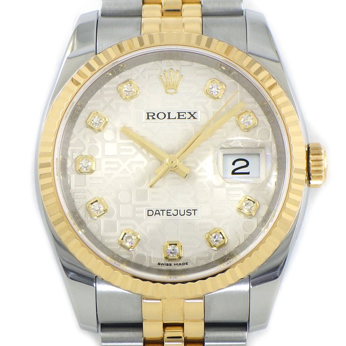【3％OFFクーポン★7周年記念セール】 ロレックス Rolex 腕時計 デイトジャスト 116233G ランダムシリアル 2017年製 ルーレット刻印 10ポイント ダイヤインデックス シルバー コンピューター文字盤 彫コン デイト K18YG SS 自動巻き 【中古】