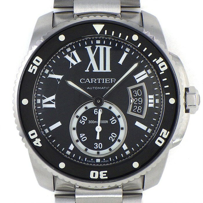【3％OFFクーポン★7周年記念セール】 カルティエ Cartier 腕時計 カリブル ダイバー W7100057 デイト 夜光インデックス スモールセコンド 夜光針 回転ベゼル ブラック文字盤 ローマンインデックス SS 自動巻き 【箱・保付き】 【中古】