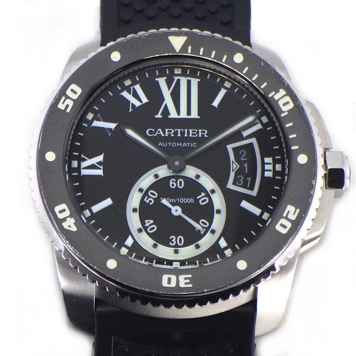 【3％OFFクーポン★7周年記念セール】 カルティエ Cartier 腕時計 カリブル W7100056 デイト スモールセコンド 夜光インデックス 夜光針 回転ベゼル ブラック文字盤 ローマンインデックス SS ラバー 自動巻き 【中古】