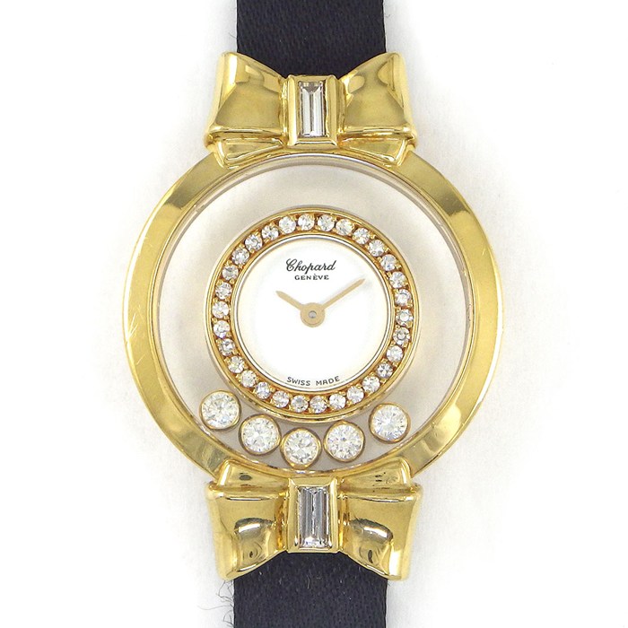 【3％OFFクーポン★7周年記念セール】 ショパール Chopard 腕時計 ハッピーダイヤモンド 20/5334 リボン 5ポイント ムービングダイヤ ダイヤベゼル/ラグ ホワイト文字盤 GP ブラック サテン/レザーベルト クオーツアナログ 【中古】