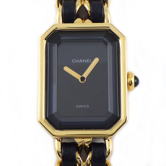 【3％OFFクーポン★7周年記念セール】 シャネル CHANEL 腕時計 プルミエール M H0001 オクタゴナル ブラック文字盤 チェーンブレス レザーベルト GP クオーツアナログ 【中古】