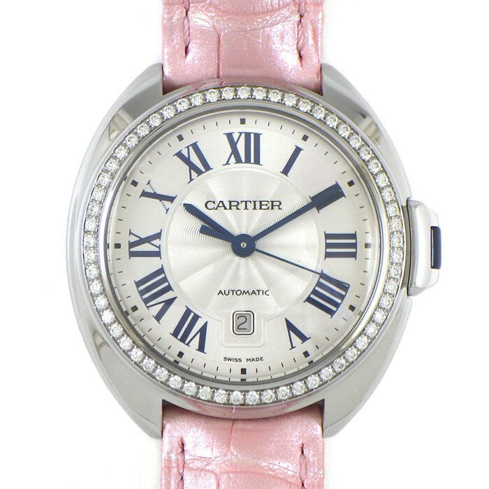 【3％OFFクーポン★7周年記念セール】 カルティエ Cartier 腕時計 クレ W4CL0005 デイト ダイヤベゼル ギョーシェ シルバー文字盤 SS ピンク アリゲーター レザーベルト 自動巻き 【中古】