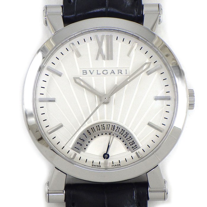 【5日限定★対象品3％OFF＆全品P3倍】 ブルガリ BVLGARI 腕時計 ソティリオ SB42SDR シルバー文字盤 デイト 裏スケ アリゲーターレザーベルト SS 自動巻き 【中古】