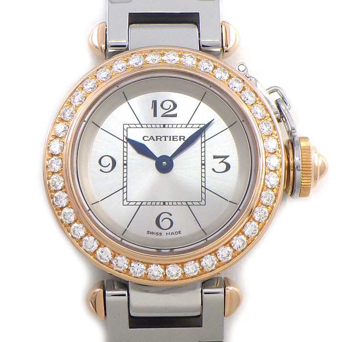 【5日限定★対象品3％OFF＆全品P3倍】 カルティエ Cartier 腕時計 ミスパシャ WJ124021 ダイヤベゼル シルバーサンレイ文字盤 K18PG SS クオーツアナログ 【中古】