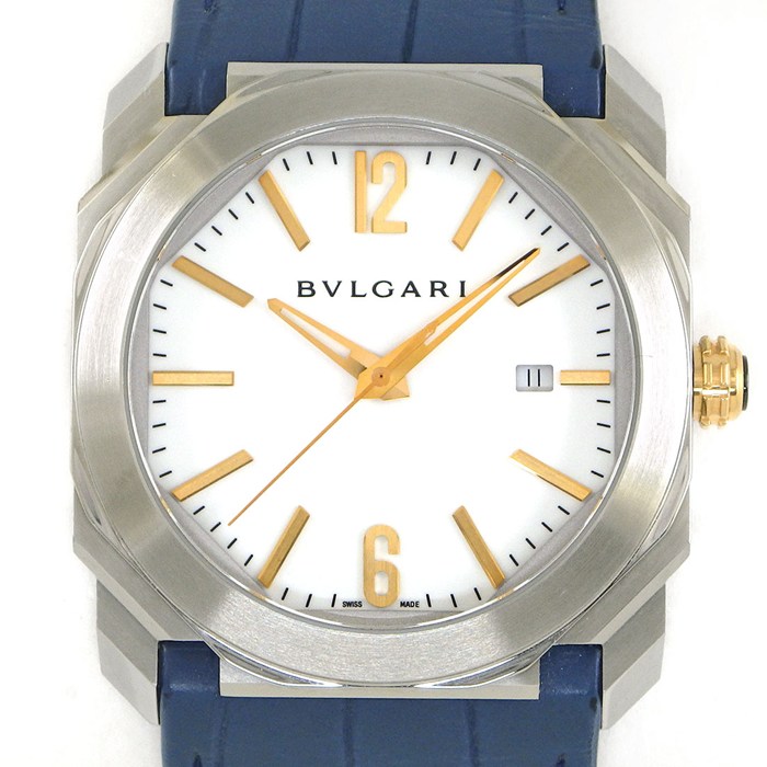 【5日限定★対象品3％OFF＆全品P3倍】 ブルガリ BVLGARI 腕時計 オクト BGO41S/BGO41WSLD デイト 裏スケ ピンクゴールドインデックス/針 オクタゴナルケース ホワイト文字盤 SS ブルー アリゲーターレザーベルト 自動巻き 【中古】
