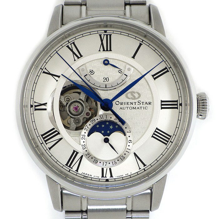 【5日限定★対象品3％OFF＆全品P3倍】 オリエントスター ORIENT STAR 腕時計 メカニカル ムーンフェイズ RK-AM0005S シルバー文字盤 ローマンインデックス デイト 裏スケ パワーリザーブ表示 SS 自動巻き 【箱・保付き】 【中古】