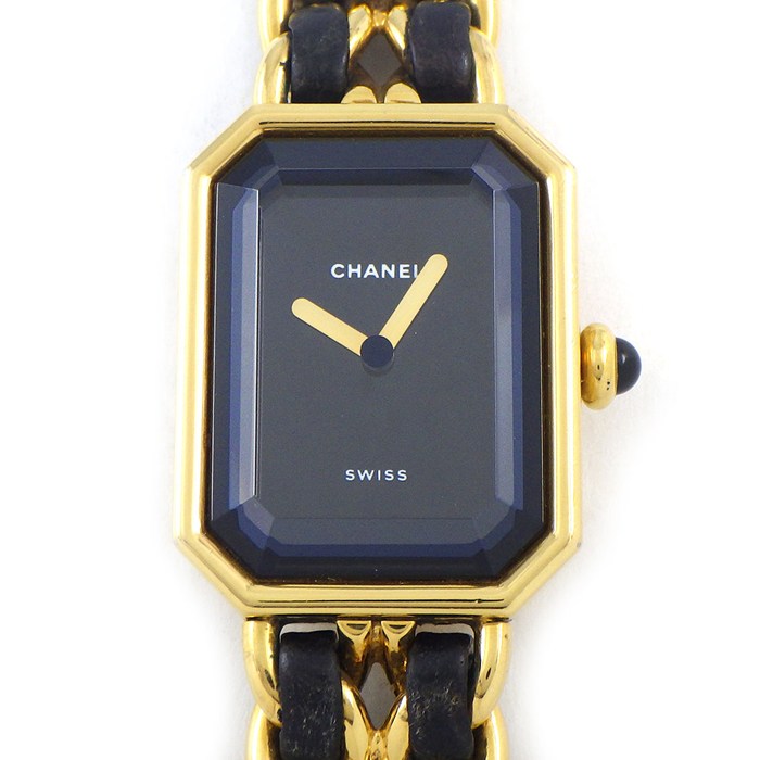 シャネル CHANEL 腕時計 プルミエール M H0001 オクタゴナル ブラック文字盤 チェーンブレス レザーベルト GP クオーツアナログ 