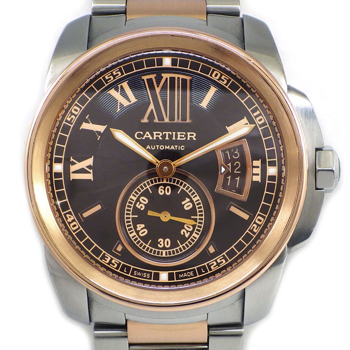 【5日限定★対象品3％OFF＆全品P3倍】 カルティエ Cartier 腕時計 カリブル W7100050 ブラウン文字盤 ローマンインデックス デイト 夜光針/インデックス スモールセコンド 裏スケ K18PG SS 自動巻き 【中古】