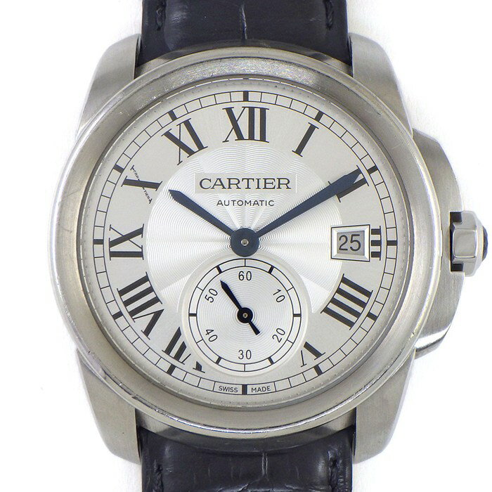 【5日限定★対象品3％OFF＆全品P3倍】 カルティエ Cartier 腕時計 カリブル WSCA0003 デイト スモールセコンド 裏スケ ギョーシェ シルバー文字盤 SS ブラック クロコダイル レザーベルト 自動巻き 【中古】