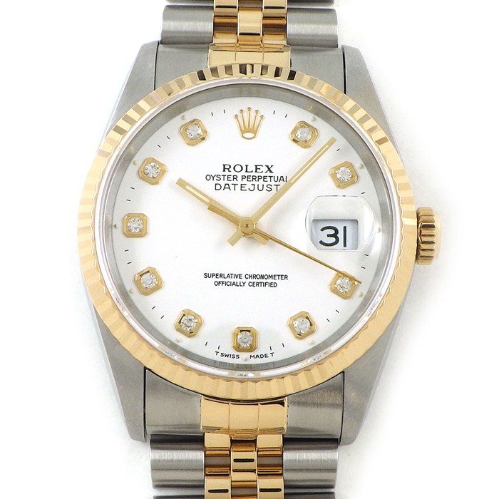 【5日限定★対象品3％OFF＆全品P3倍】 ロレックス Rolex 腕時計 デイトジャスト 16233G S番 1993年 10ポイント ダイヤインデックス ホワイト文字盤 デイト K18YG SS 自動巻き 【中古】