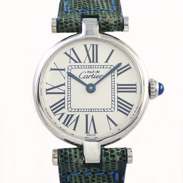 カルティエ Cartier 腕時計 マスト ヴァンドーム SM 1850 シルバー文字盤 ローマンインデックス SS グリーン リザード レザーベルト クオーツアナログ 【中古】