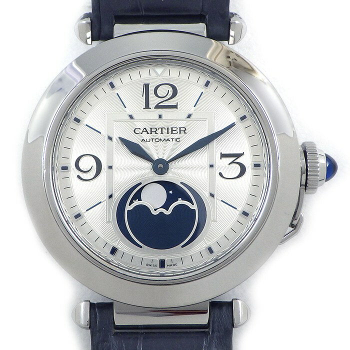 カルティエ Cartier 腕時計 パシャ ドゥ カルティエ WSPA0030 シルバーギョーシェ文字盤 ムーンフェイズ 裏スケ アリゲーターレザーベルト SS 自動巻き 【中古】
