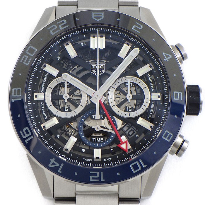 タグ・ホイヤー TAG Heuer 腕時計 カレラ クロノグラフ GMT CBG2A1Z.BA0658 キャリバー ホイヤー02 デイト スモールセコンド ブラック/ブルーベゼル スケルトン文字盤 SS セラミック 自動巻き 【箱・保付き】 【中古】