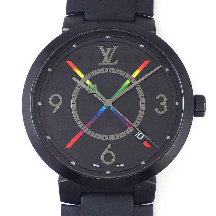 【5日限定★対象品3％OFF＆全品P3倍】 ルイ・ヴィトン LOUIS VUITTON 腕時計 タンブール スリム レインボー QA113 デイト ブラック文字盤 ブラックPVD SS ブラックラバーベルト クオーツアナログ 【箱・保付き】 【中古】