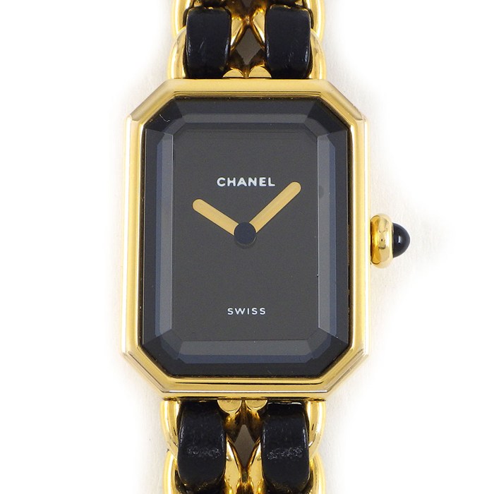 【5日限定★対象品3％OFF＆全品P3倍】 シャネル CHANEL 腕時計 プルミエール M H0001 オクタゴナル ブラック文字盤 チェーンブレス レザーベルト GP クオーツアナログ 【中古】