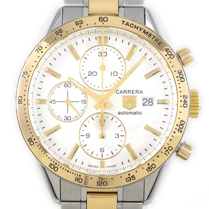 【5日限定★対象品3％OFF＆全品P3倍】 タグ・ホイヤー TAG Heuer 腕時計 カレラ キャリバー16 CV2050.BD0789 裏スケ デイト クロノグラフ タキメーター スモールセコンド ホワイト文字盤 K18YG SS 自動巻き 【中古】