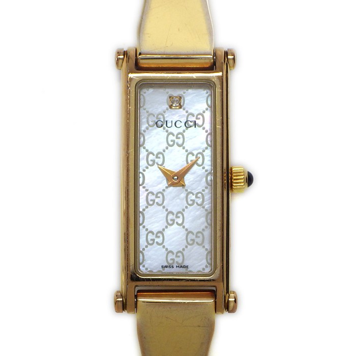 【5日限定★対象品3％OFF＆全品P3倍】 グッチ GUCCI 腕時計 ブレスウォッチ 1500L ホースビット レクタンギュラー 1ポイント ダイヤモンド GG柄 ホワイトシェル 文字盤 GP クオーツアナログ 【中古】