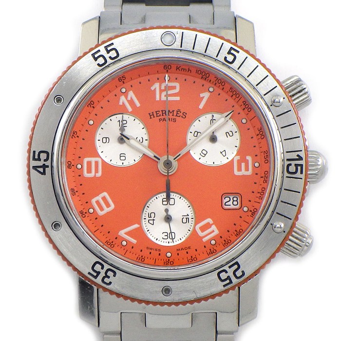 【5日限定★対象品3％OFF＆全品P3倍】 エルメス HERMES 腕時計 クリッパー ダイバー CL2.916 オレンジ文字盤 デイト クロノグラフ 夜光インデックス スモールセコンド 回転ベゼル 夜光針 SS クオーツアナログ 【中古】