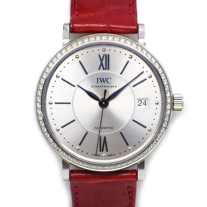 【5日限定★対象品3％OFF＆全品P3倍】 IWC 腕時計 ポートフィノ オートマチック37 IW458109 ダイヤベゼル ローマンインデックス サンレイ シルバー文字盤 デイト レッド アリゲーターレザーベルト SS 自動巻き 【中古】